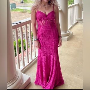 Camille La vie pink/fuchsia sparkly lace prom dress
